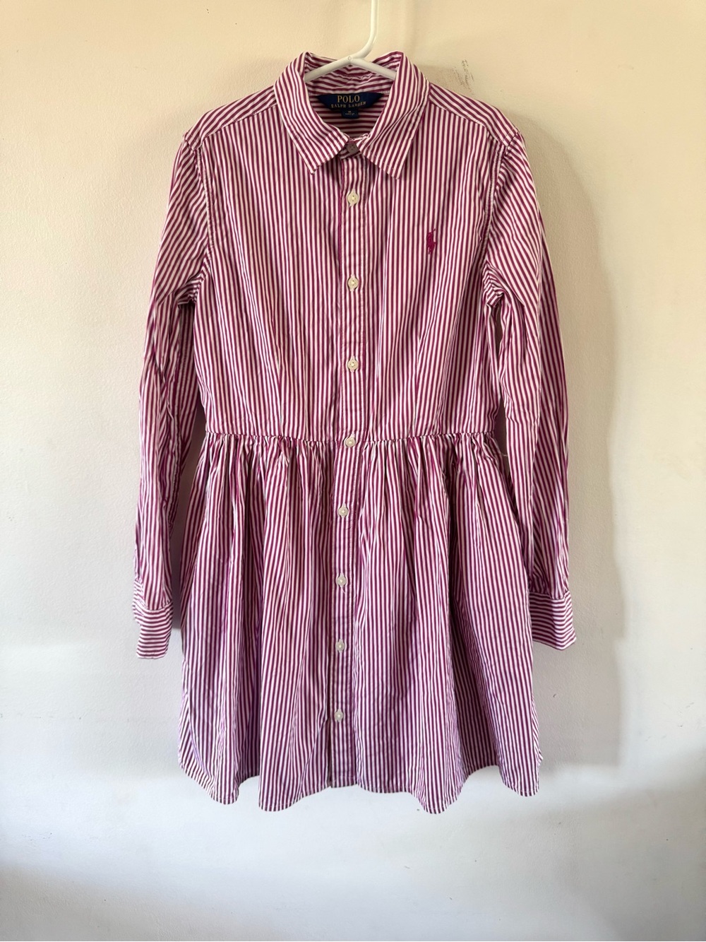 Polo Ralph Lauren Dress Youth Girls Size 10 Pink Striped Long Sleeve Preppy